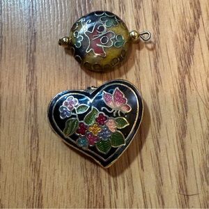 2 Vintage 1970s cloisonné enamel floral double sided pendants,an oval and heart